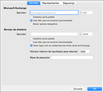 Configurações do servidor de conta do Exchange