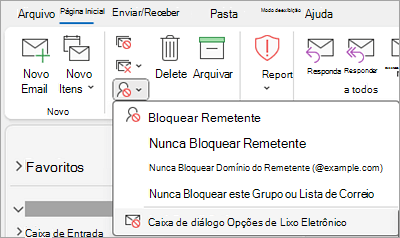 Captura de ecrã a mostrar o menu pendente Bloquear Remetente com as Opções de E-mail de Lixo selecionadas