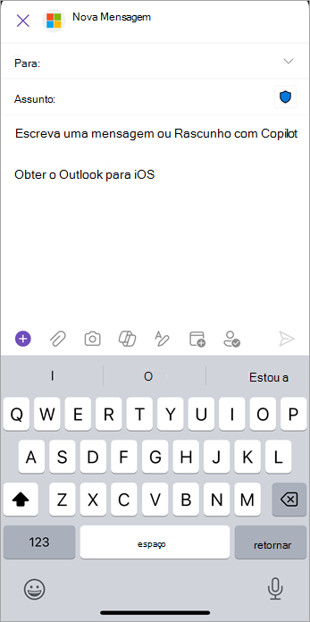 Selecione o ícone anexar (clipe de papel) para adicionar arquivos ou imagens ao seu email.