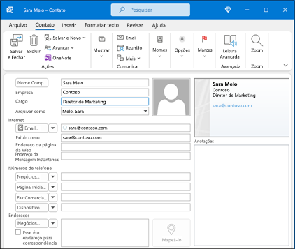 Novo Contato do Outlook