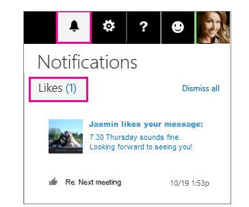 Painel de notificações mostrando quem curtiu uma mensagem