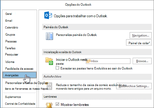 Opções do Outlook com a opção Avançado selecionada