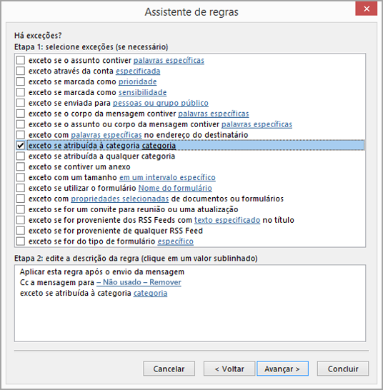 Selecionar exceções