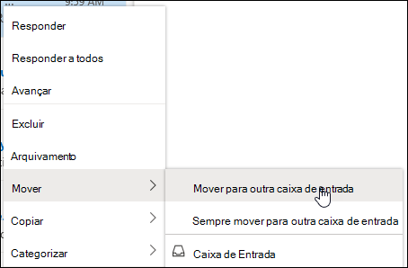 Uma captura de ecrã mostra o menu de contexto com as opções Mover para Outra caixa de entrada e Mover sempre para a caixa de entrada Outro.