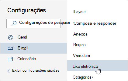 Uma captura de tela do menu Configurações com Lixo eletrônico selecionado