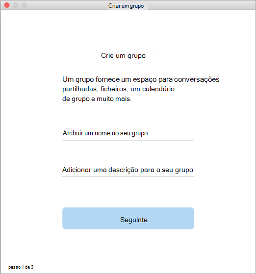 Mostrando interface de usuário de criar um grupo no Mac