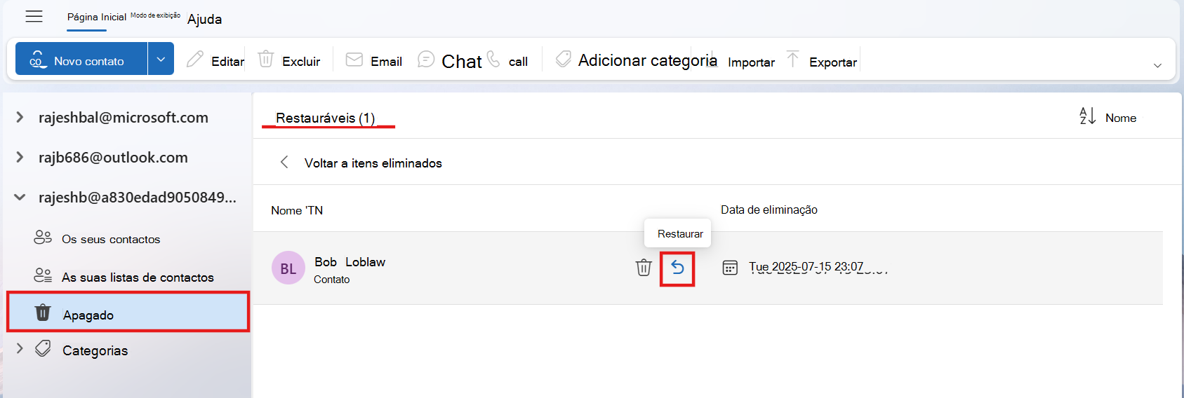 Captura de tela da pasta restaurador que exibe um contato com os destaques no ícone Restaurar e mostrando o nome da pasta como Restaurador