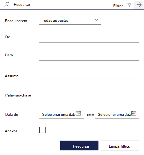 Caixa de pesquisa no Outlook na Web mostrando os filtros disponíveis