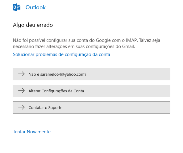 Algo deu errado ao adicionar uma conta de email ao Outlook.
