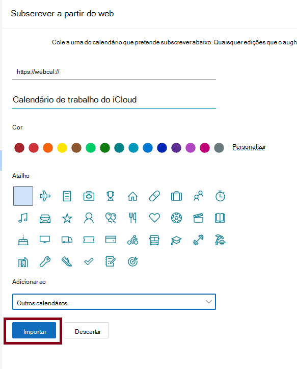 Esta é a janela completa do OWA quando clicamos em Adicionar calendário para importar calendário.