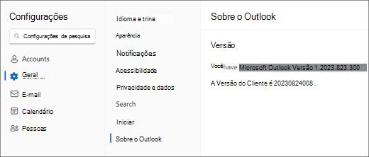 Imagem das novas informações de versão do Outlook para Windows com Geral e Sobre o Outlook destacados.