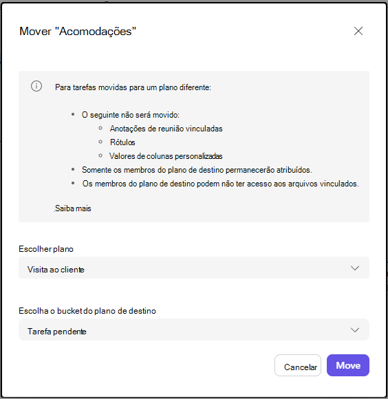 Caixa de diálogo Mover tarefa com destino e comportamento de movimentação.
