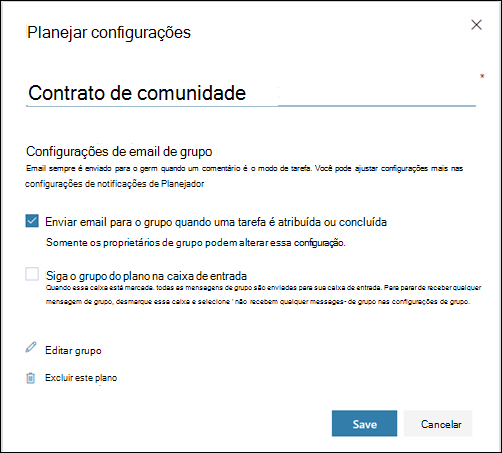 Captura de tela: Mostrando a configuração Enviar e-mail para o grupo de planos... Para as configurações do plano