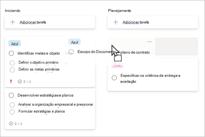 Arrastando uma tarefa entre buckets no modo de exibição de painel
