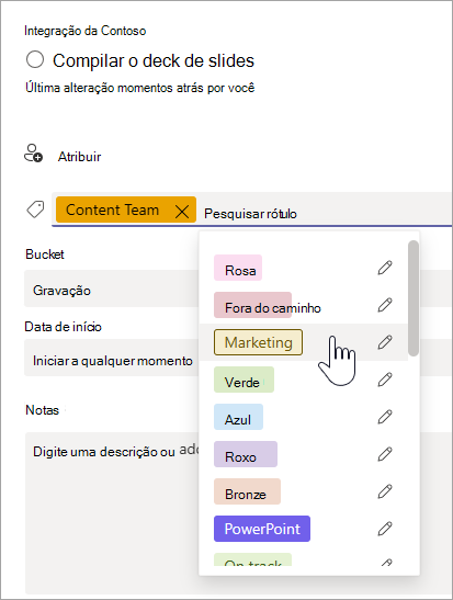 Selecionando um rótulo nos detalhes da tarefa no Planner