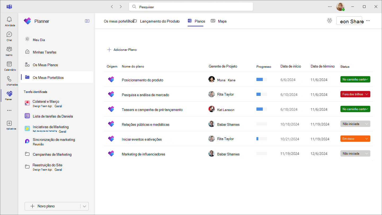 Uma captura de tela do Planner no Teams exibindo uma lista de planos adicionados a um novo portfólio.