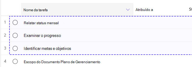 Três tarefas selecionadas no modo de exibição de grade.