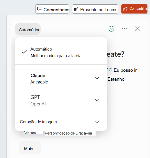 Captura de tela que mostra o seletor de modelos de IA no Copilot Chat.