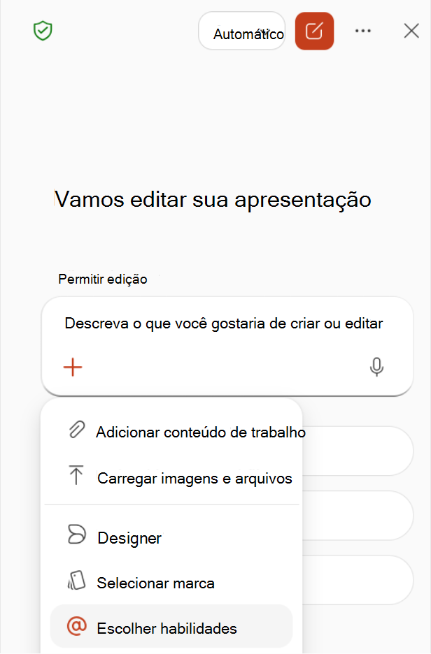 Captura de tela que mostra a seleção Escolher habilidades no menu de adição no painel do Copilot.