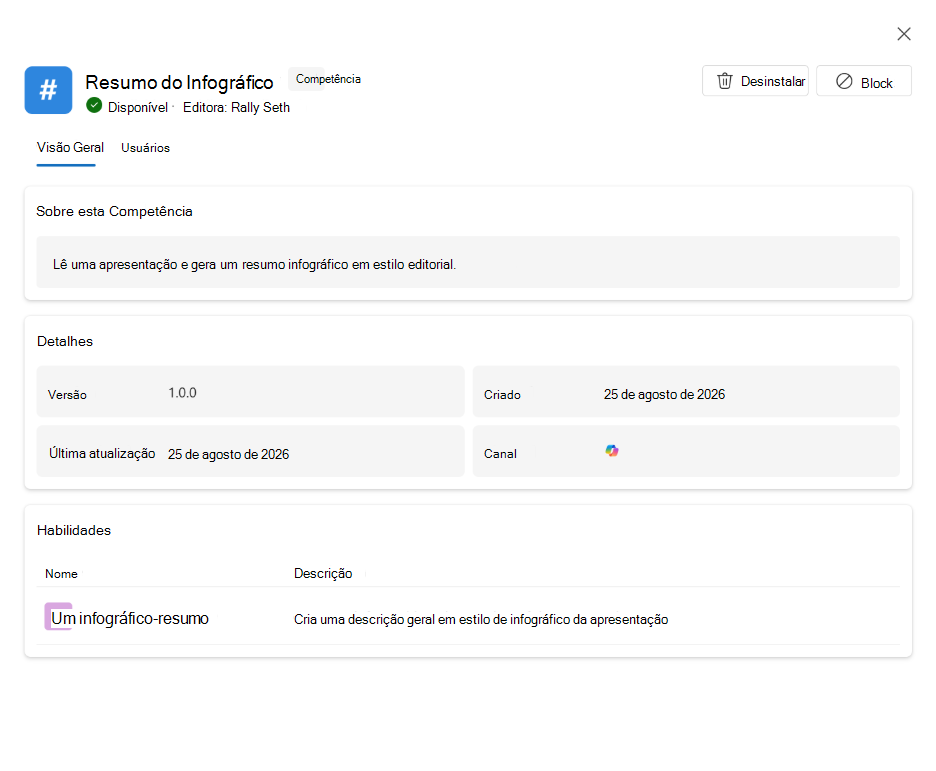 Captura de tela que mostra os detalhes, usuários, versão e status de implantação de uma habilidade.