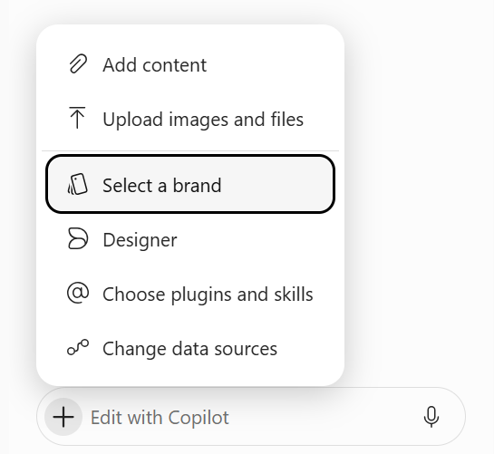 Captura de tela que mostra a opção Selecionar marca destacada no menu de prompt do Copilot.