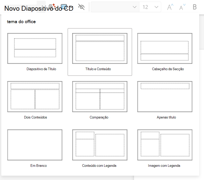 Menu pendente Novo Diapositivo no separador Base no PowerPoint para a Web