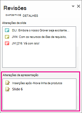 Alterações de apresentação