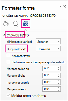 Selecionar a direção do texto no painel Formatar Forma