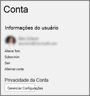 O painel Conta mostrando o botão Privacidade da Conta, Gerenciar Configurações