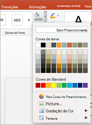 A captura de tela mostra as opções disponíveis no menu Preenchimento da Forma, incluindo Sem Preenchimento, Cores de Tema, Cores Padrão, Mais Cores de Preenchimento, Imagem, Gradiente e Textura.