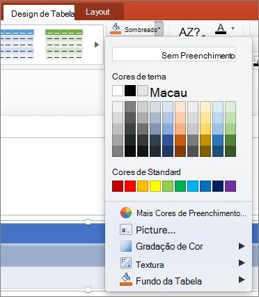 Captura de ecrã a mostrar o separador Estrutura da Tabela onde a seta pendente Sombreado está selecionada para mostrar as opções disponíveis, incluindo Sem Preenchimento, Cores do Tema, Cores do Standard, Mais Cores de Preenchimento, Imagem, Gradação, Textura e Fundo da Tabela.