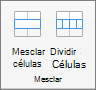A captura de tela mostra o grupo Mesclar disponível na guia Layout da tabela, com as opções Mesclar Células e Dividir Células.