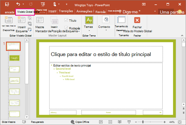 Mostra o layout dos slides no Modo de Exibição de Slide Mestre do PowerPoint