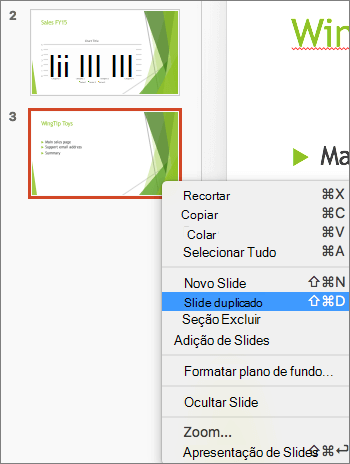 A captura de tela mostra um slide selecionado e a opção Duplicar Slide selecionada no menu de atalho.