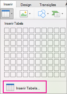 Opção do menu Inserir Tabela