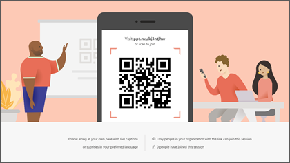 O ecrã de associação de PowerPoint Live Apresentações – a mostrar o código QR e o URL de associação.