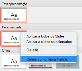 Mostra a opção Definir como Tema Padrão para um tema personalizado