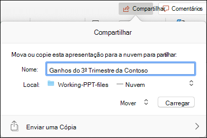 Caixa de diálogo que oferece para carregar a apresentação para o seu armazenamento na nuvem da Microsoft para partilha totalmente integrada.