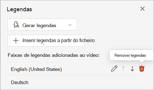 Botão Remover legendas para uma faixa de legendas no painel Legendas.