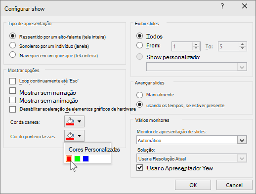 Captura de tela mostrando as opções de apontador laser no PowerPoint