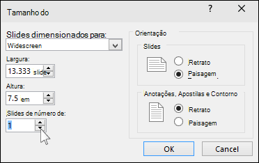 mostra a caixa de diálogo Tamanho do Slide no PowerPoint