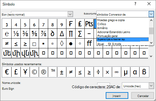 Mostra o subconjunto Subscrito e Sobrescrito na caixa de diálogo Símbolo no PowerPoint