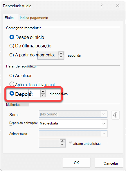 Pode especificar o número de diapositivos sobre os quais o clip de áudio será reproduzido.
