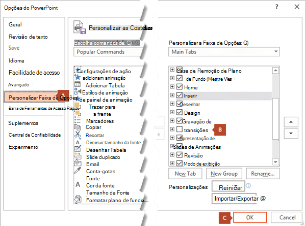 A guia Personalizar Faixa de Opções da caixa de diálogo Opções do PowerPoint 2016 tem uma opção para adicionar a guia Gravação à faixa de opções do PowerPoint.