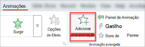 O botão Adicionar Animação na guia Animações.