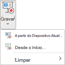 Os comandos de Gravar Apresentação de Slides na guia Gravação no PowerPoint.
