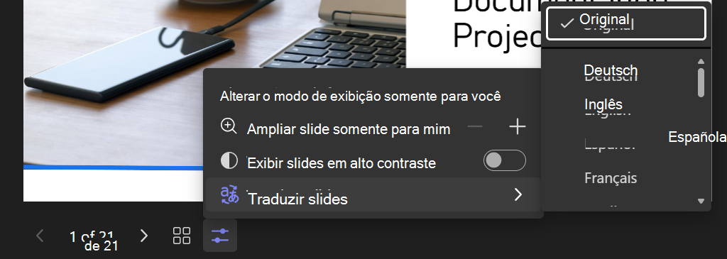Captura de tela da opção Alterar exibição em PowerPoint Live com Traduzir slides selecionados e uma lista de idiomas mostrada.