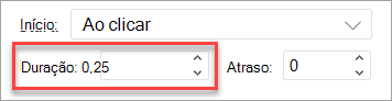 O campo Duração quando aplica uma animação em PowerPoint na Web.