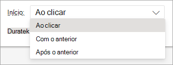 O seletor pendente Iniciar ao aplicar uma animação no PowerPoint para a Web.