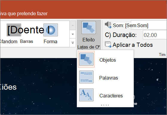 Mostra as opções de efeito de transição para a transição Transformar no PowerPoint 2016